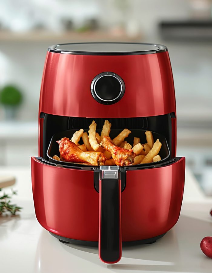 Top-down, ultra-realistic view of a red air fryer with golden-brown fries and chicken wings, set on a pristine white kitchen counter. The background features a bright, minimalist kitchen with white cabinets and a clean, modern design, capturing every detail with maximum quality --chaos 20 --ar 3:2 --style raw --stylize 700 Job ID: afd3f13f-288d-4695-a740-ee713c7ff8e7